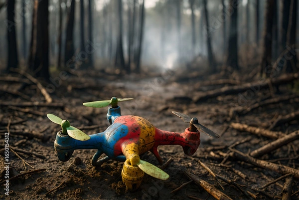 Fototapeta Colorful Damaged Toy Drone in Burnt Forest Aftermath