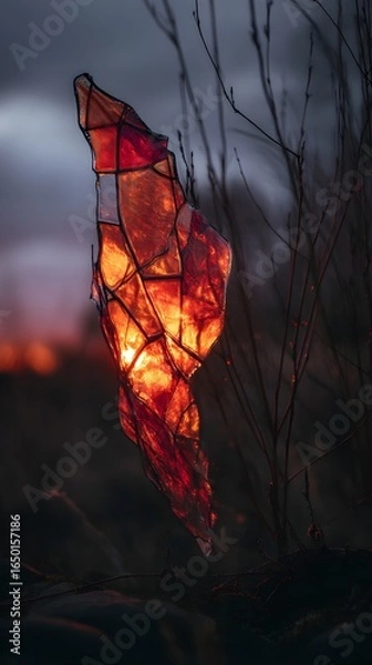 Fototapeta Abstract Glowing Red Orange Stained Glass Effect Art Piece Illuminating Dark Winter Nature at Twilight