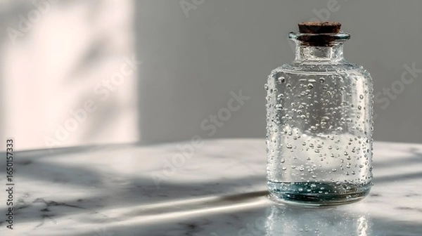 Fototapeta Clear Glass Bottle with Water Droplets and Cork on White Marble Table, Bathed in Sunlight and Shadows
