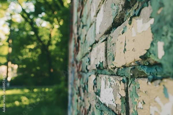 Fototapeta Grungy Peeling Green and Yellow Paint Texture on Old Brick Wall with Soft Blurred Green Nature Background