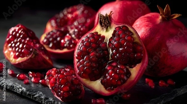 Fototapeta Vibrant Red Ripe Pomegranates, Whole and Sliced, on Dark Rustic Background – Healthy Superfood Still Life