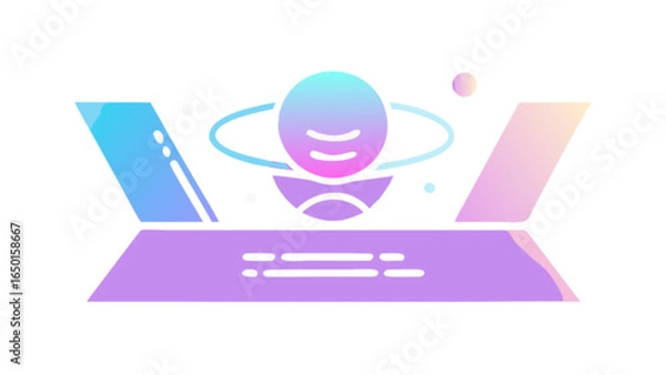 Fototapeta Illustration of a planet with rings above a platform in pastel colors on a white background design