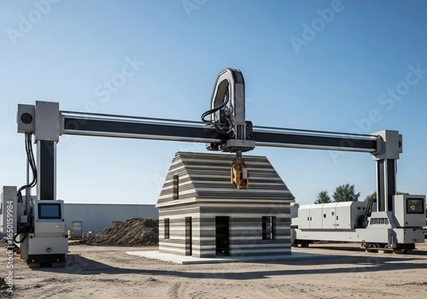 Fototapeta State-of-the-art 3D printing technology building a modern house on a construction site, revolutionizing the future of sustainable architecture and home building.
