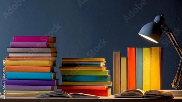 Obraz Colorful books stacked on a modern office desk with bright direct lighting, professional workspace for business planning, study, and productivity