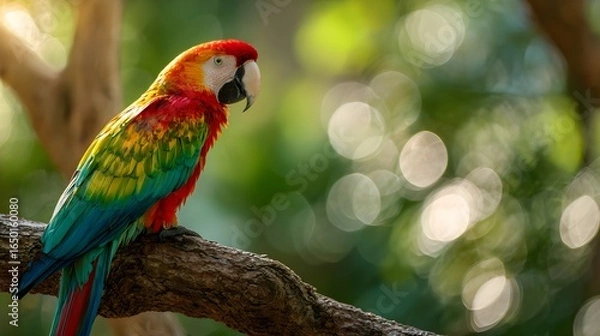 Fototapeta Vibrant Scarlet Macaw Perched on Tree Branch with Lush Green Bokeh Background