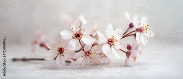 Fototapeta Delicate Pink and White Cherry Blossoms on a Light Textured Surface with Soft Focus Background