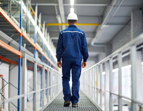 Fototapeta Rear view of an industrial worker in a hard hat and uniform walking confidently down a clean, modern warehouse corridor, symbolizing progress and efficiency in logistics and manufacturing.
