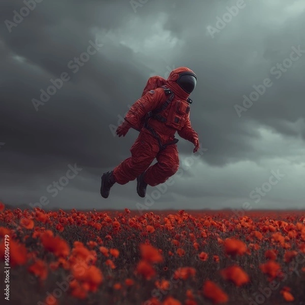 Obraz Red Spaceman Levitating Above a Field of Poppies Under a Stormy Sky