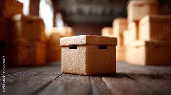 Fototapeta Close up of a textured cardboard box on wooden planks with stacked boxes in the blurred background