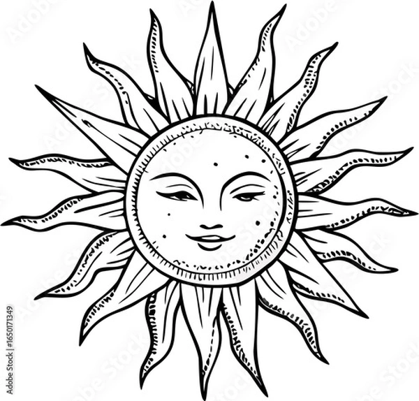 Obraz Hand-Drawn Bohemian Sun Vector, Rustic Celestial Line Art with Radiant Rays for Summer Design EPS