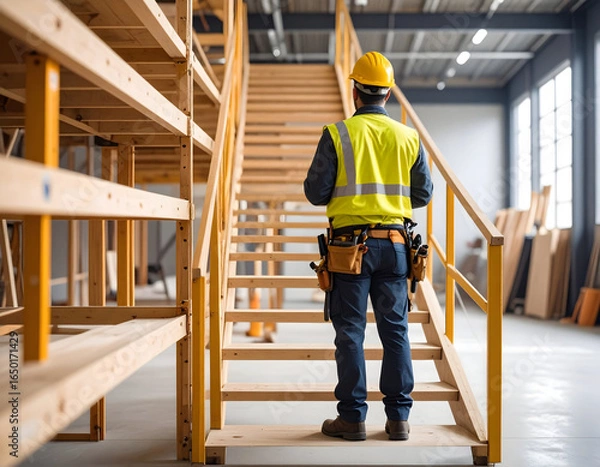 Fototapeta Dedicated worker in safety helmet and vest on wooden stairs in a modern industrial facility, symbolizing readiness and oversight in a growing production environment.