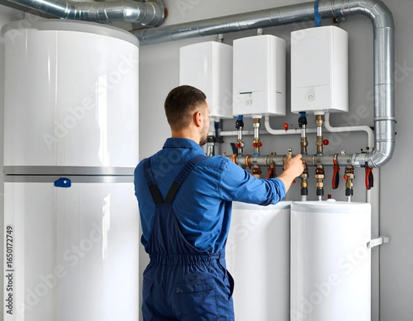 Fototapeta HVAC Technician Inspecting Plumbing System with Water Heaters and Tanks in a Commercial Setting