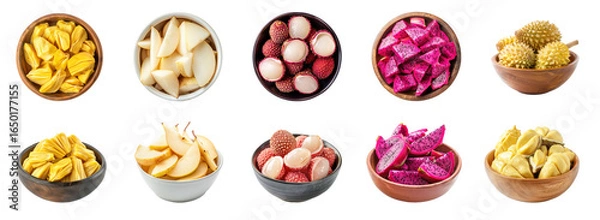 Fototapeta Collection of Sliced fruit in bowl front view isolate on transparency background