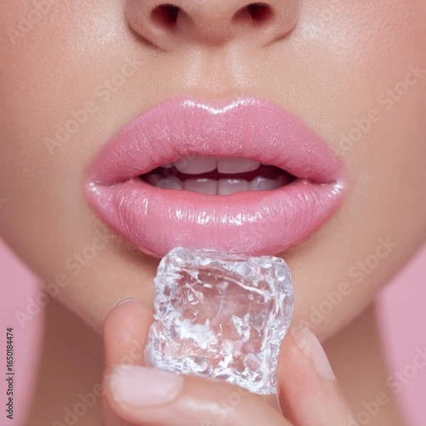 Obraz Close up of woman s lips with pink lipstick and ice cube