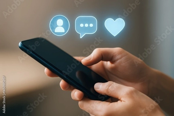 Fototapeta Smartphone with social media interaction icons.