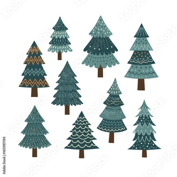 Obraz Collection of decorative stylized christmas trees with unique patterns and color palettes