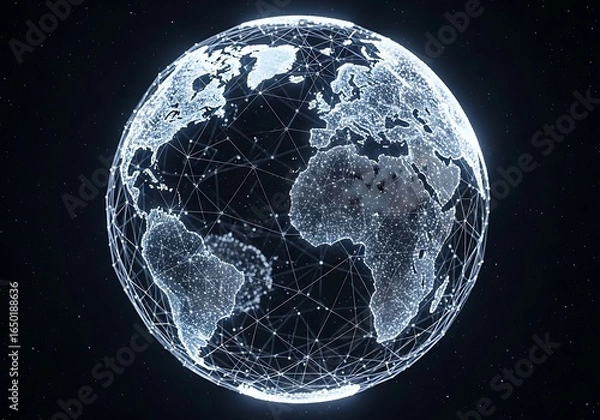 Fototapeta A futuristic digital globe illustrating global network connectivity, data communication, and technological advancements across the world.
