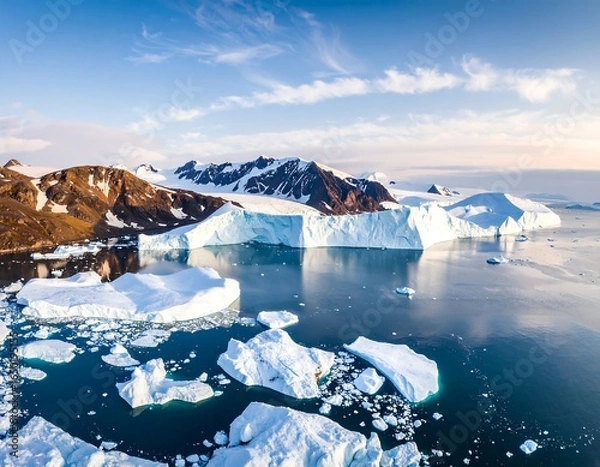 Fototapeta Aerial view of glacial landscape, icebergs floating in calm waters near mountainous land
