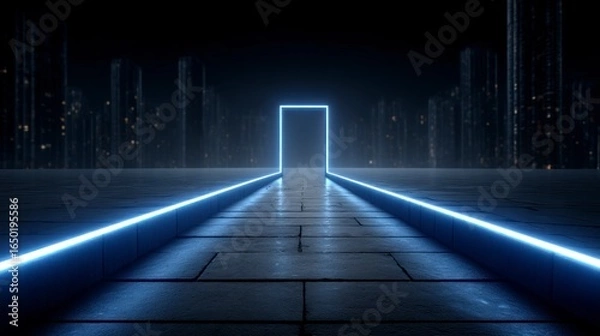 Fototapeta Neon lit pathway leading to a glowing rectangular doorway in a dark futuristic cityscape