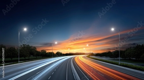 Fototapeta Vibrant sunset over a busy highway with light trails from vehicles and illuminated streetlights.