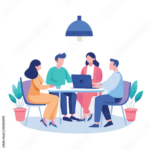 Fototapeta Minimalist Flat Color Vector Illustration of Modern Business Meeting on White Background.