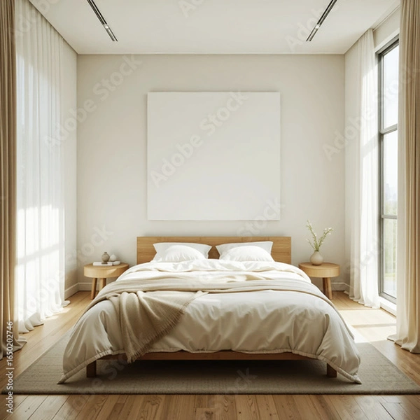 Fototapeta Serene modern bedroom with large window and cozy bed