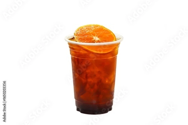 Obraz Pictures of beverages Americano ice coffee orange juice served by orange juice slices on white background and isolate photo style.