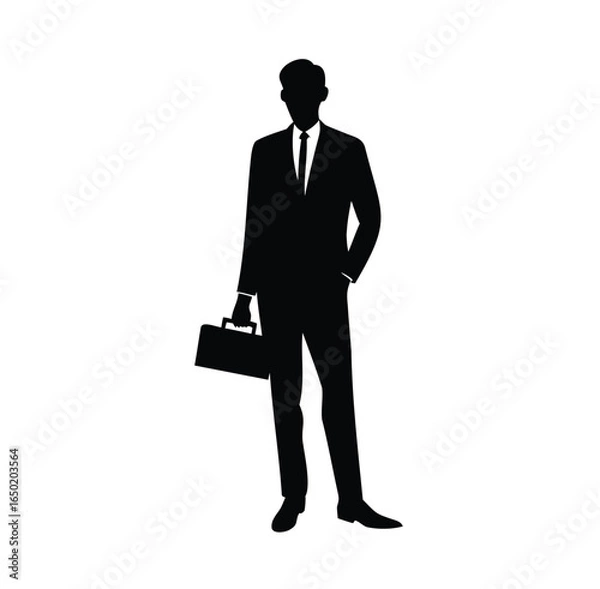 Fototapeta Vector Silhouette of Business  Man Holding Briefcase on White Background. 