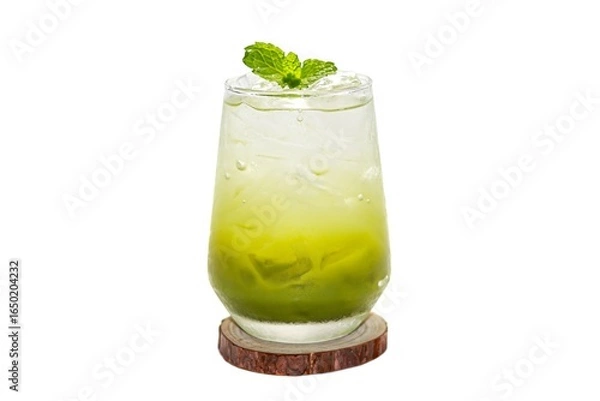 Obraz Ice matcha green tea serving with mint topping,put on white background and isolate style.