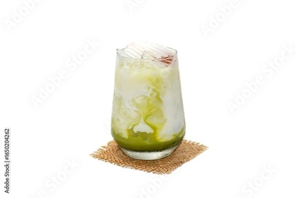 Obraz Ice matcha green tea serving with coconut slices topping,put on sack in white background and isolate style.
