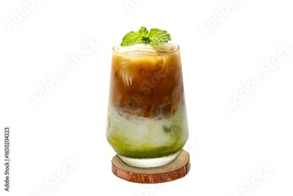 Obraz Ice matcha latte and coffee latte served with coconut milk sliced topping.isolation and white background concept.