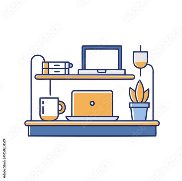 Fototapeta Minimalist Office Workspace Outline Vector – Desk, Laptop on White Background.