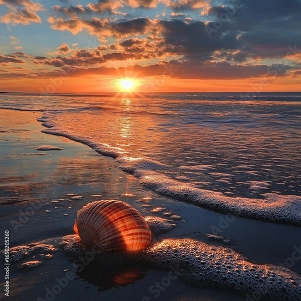 Obraz Seashell on the beach at sunset with ocean wave and colorful sky