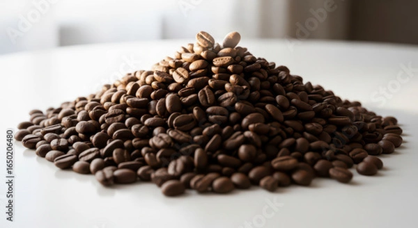 Fototapeta Rich Aromatic Coffee Beans Stacked High on a White Surface