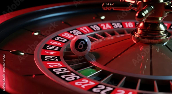 Fototapeta Close up of a roulette wheel with the ball resting on number six