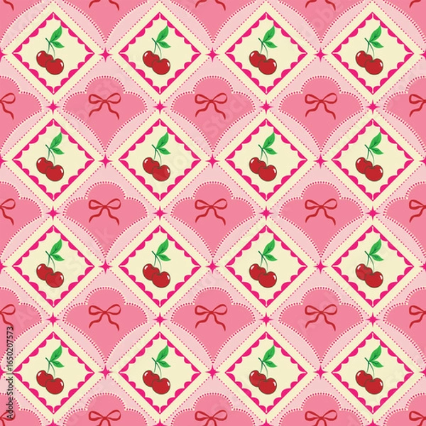 Fototapeta Seamless cherry pattern with pastel background. Cute fruit design for decor, fabric, wallpaper, stationery, and wrapping paper. Perfect for cheerful decorative projects