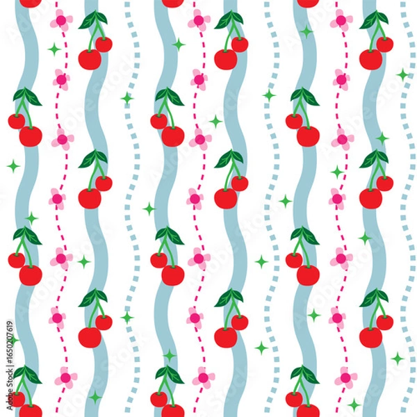 Fototapeta Playful cherry seamless pattern with ribbons and pastel tones. Cute decorative background for fabric, wallpaper, wrapping, stationery, and interior decor projects.