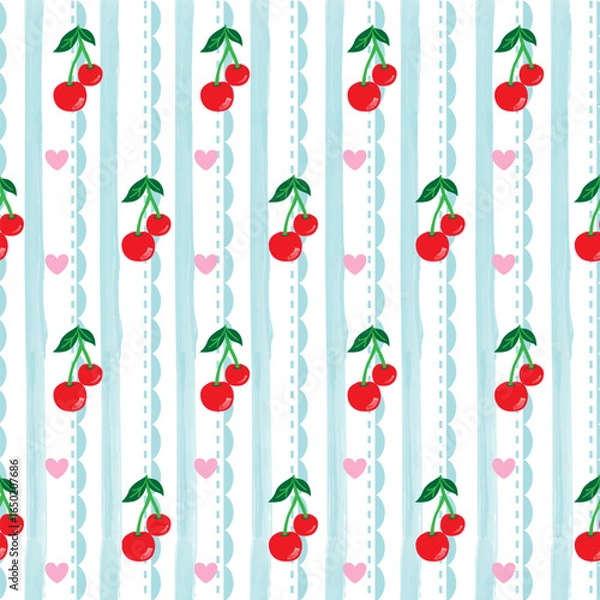 Fototapeta Playful cherry seamless pattern with ribbons and pastel tones. Cute decorative background for fabric, wallpaper, wrapping, stationery, and interior decor projects.