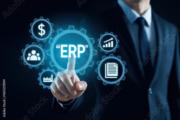 Fototapeta A hand points to an erp system interface.