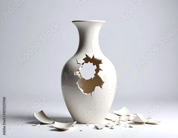 Fototapeta Symbolic representation of fragility in a broken ceramic vase against light backdrop