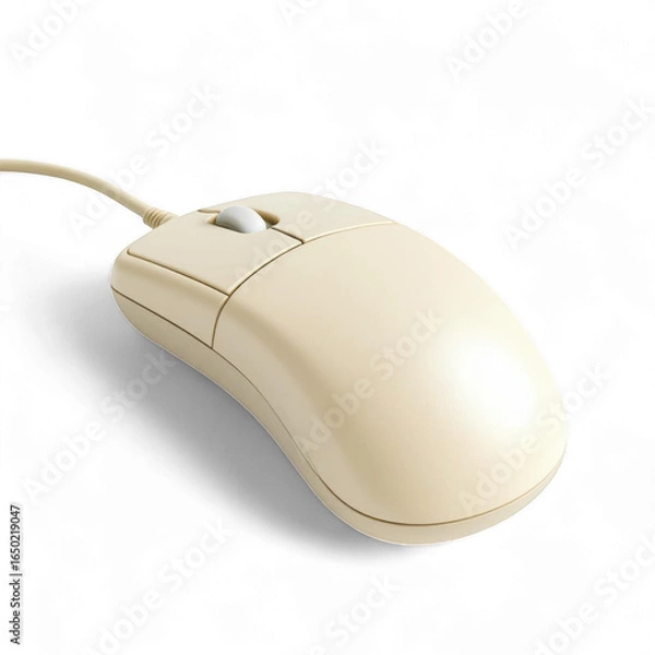 Fototapeta A close up shot of an old beige computer mouse with a cable on a plain black background studio shot