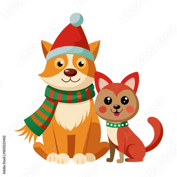 Fototapeta A dog and cat sharing a large red scarf on a snowy Valentine’s Day