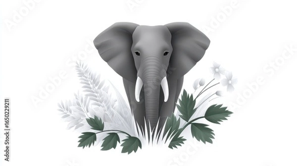 Obraz A majestic elephant surrounded by delicate greenery and floral elements.