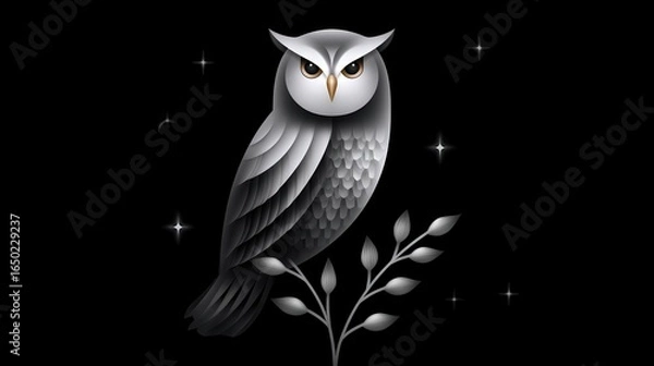 Obraz A sleek silver owl perched on a branch against a starry black background.