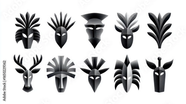 Obraz A collection of ten abstract masks showcasing unique designs and patterns.