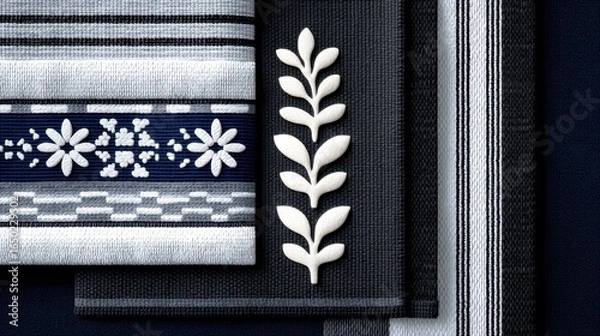 Obraz Textiles featuring intricate designs in black and white with floral motifs and elegant patterns.
