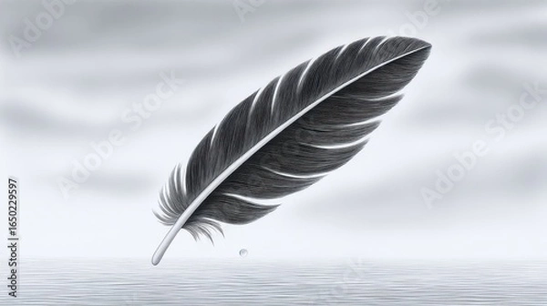 Obraz A black feather gracefully floats on a serene water surface.