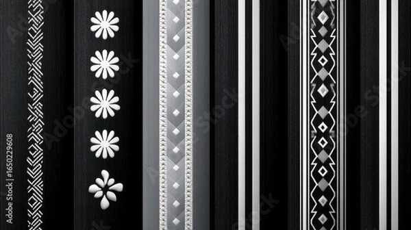 Obraz Elegant black and white decorative patterns featuring floral and geometric designs.