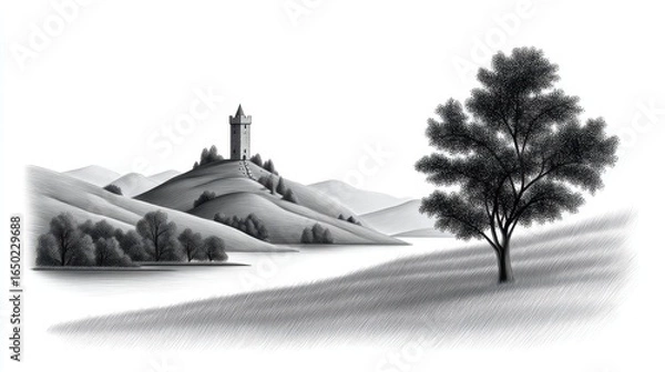 Obraz A serene black and white landscape featuring rolling hills and a castle tower.