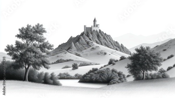 Obraz A serene black and white landscape featuring a castle atop a rocky hill.